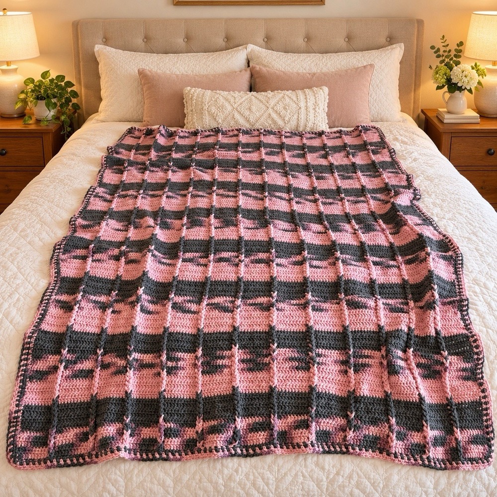 Vintage Handmade Crochet Afghan Ribbed Pink & Gray Stripe Weighty Blanket 80x60